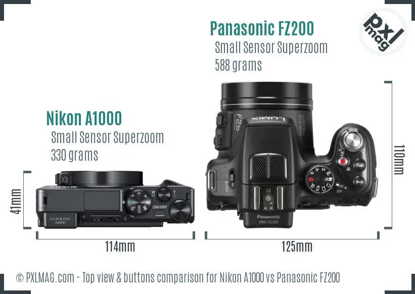 Nikon A1000 vs Panasonic FZ200 top view buttons comparison