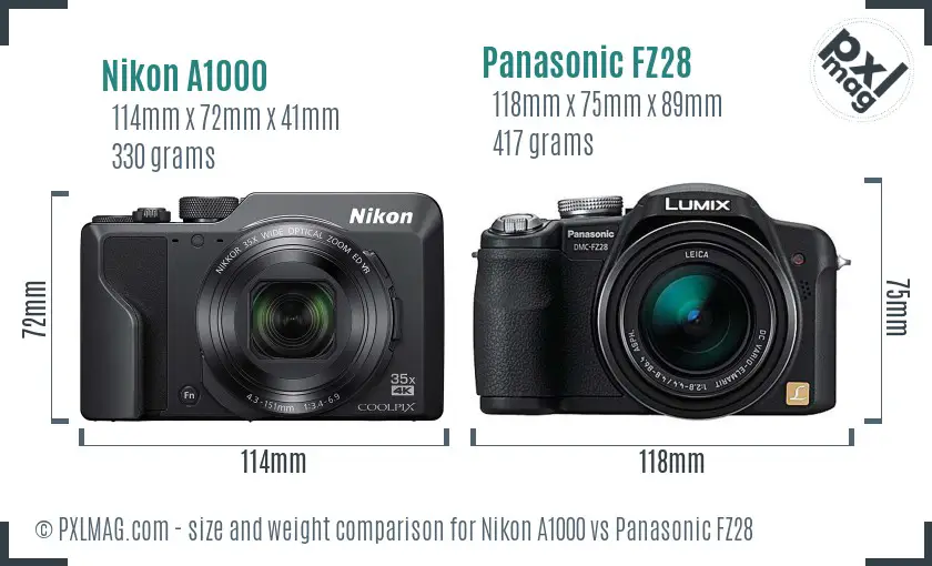 Nikon A1000 vs Panasonic FZ28 size comparison