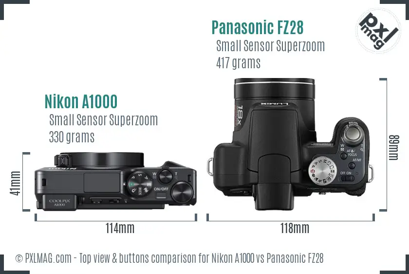Nikon A1000 vs Panasonic FZ28 top view buttons comparison