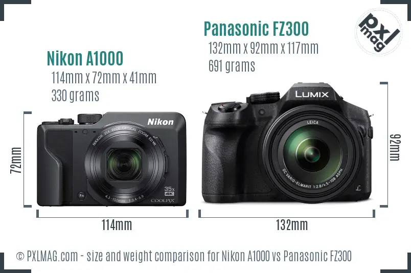 Nikon A1000 vs Panasonic FZ300 size comparison Nikon A1000 vs Panasonic FZ300 size comparison
