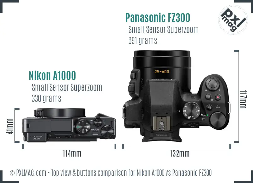 Nikon A1000 vs Panasonic FZ300 top view buttons comparison Nikon A1000 vs Panasonic FZ300 top view buttons comparison