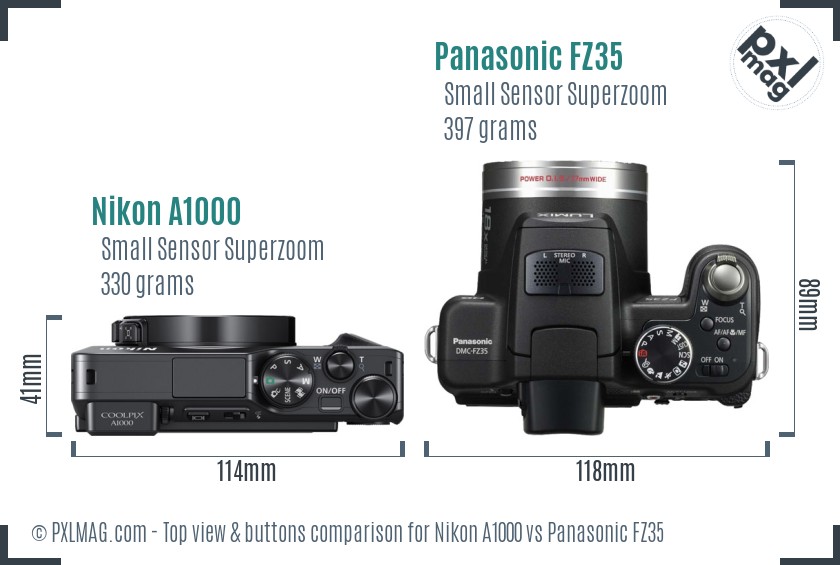 Nikon A1000 vs Panasonic FZ35 top view buttons comparison