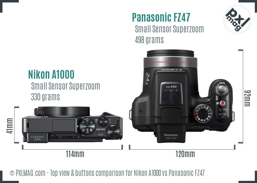 Nikon A1000 vs Panasonic FZ47 top view buttons comparison Nikon A1000 vs Panasonic FZ47 top view buttons comparison