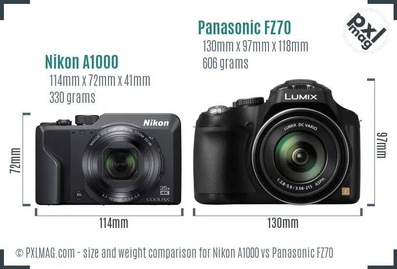 Nikon A1000 vs Panasonic FZ70 size comparison