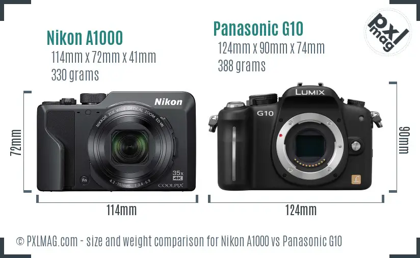 Nikon A1000 vs Panasonic G10 size comparison