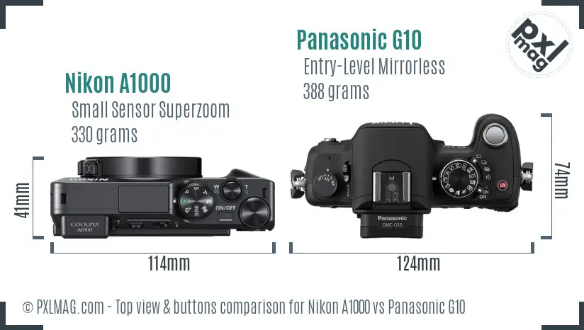 Nikon A1000 vs Panasonic G10 top view buttons comparison