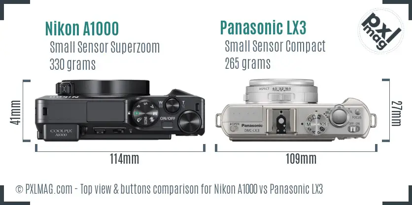 Nikon A1000 vs Panasonic LX3 top view buttons comparison