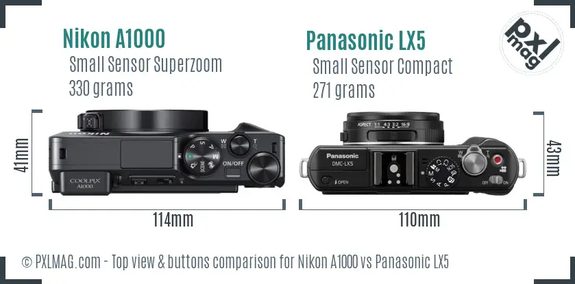 Nikon A1000 vs Panasonic LX5 top view buttons comparison