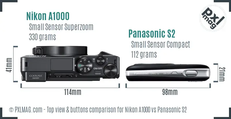 Nikon A1000 vs Panasonic S2 top view buttons comparison