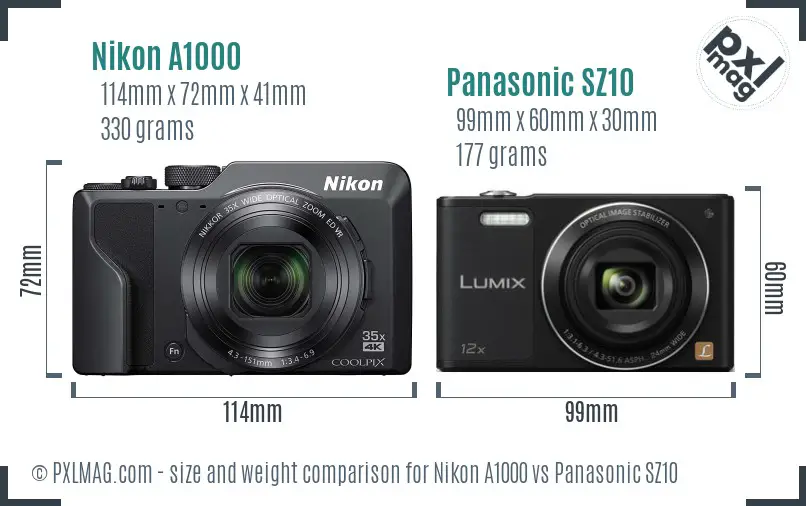Nikon A1000 vs Panasonic SZ10 size comparison