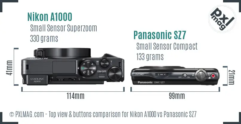 Nikon A1000 vs Panasonic SZ7 top view buttons comparison Nikon A1000 vs Panasonic SZ7 top view buttons comparison