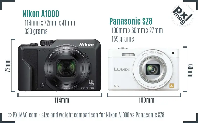 Nikon A1000 vs Panasonic SZ8 size comparison