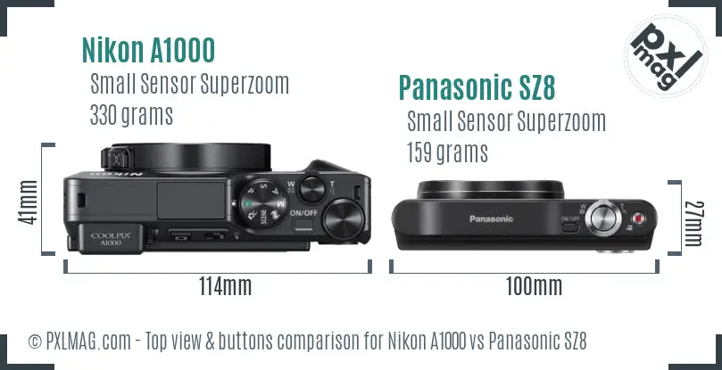Nikon A1000 vs Panasonic SZ8 top view buttons comparison