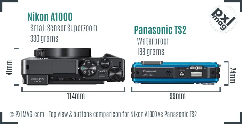 Nikon A1000 vs Panasonic TS2 top view buttons comparison