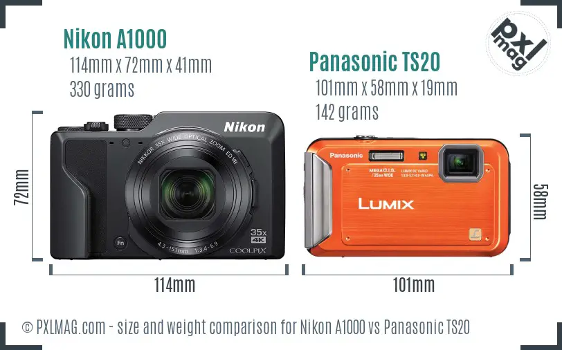 Nikon A1000 vs Panasonic TS20 size comparison