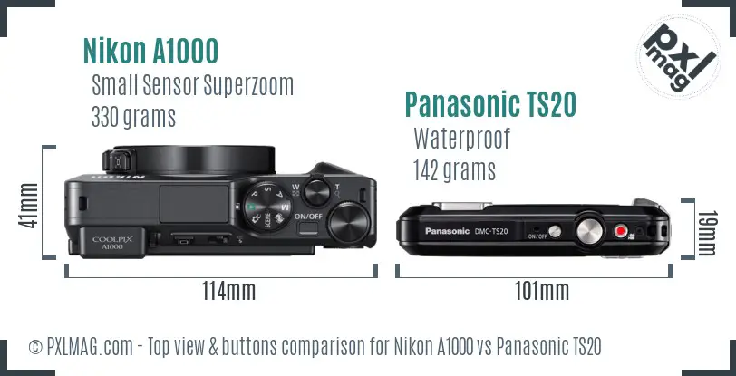 Nikon A1000 vs Panasonic TS20 top view buttons comparison