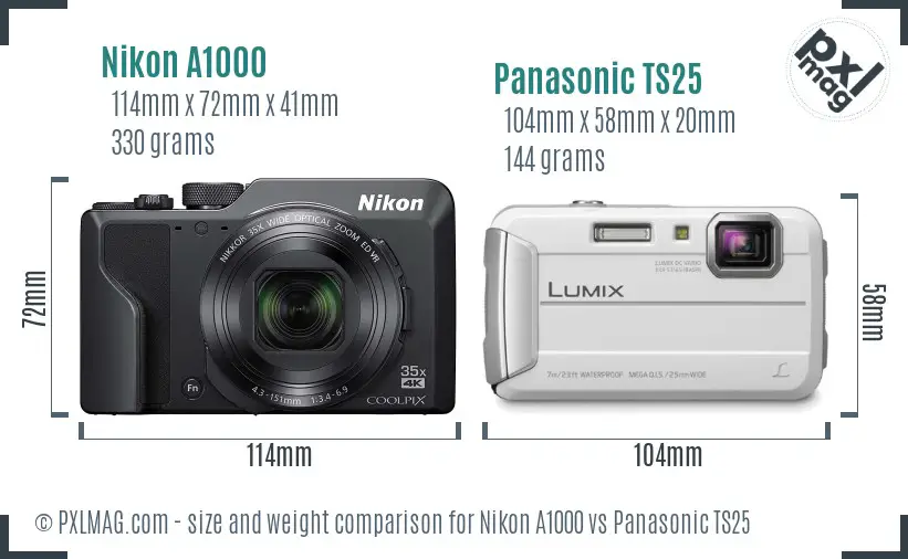 Nikon A1000 vs Panasonic TS25 size comparison