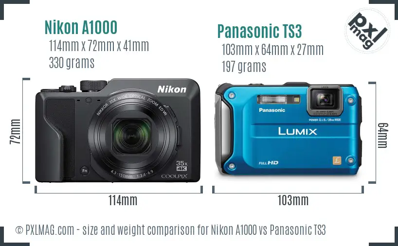 Nikon A1000 vs Panasonic TS3 size comparison