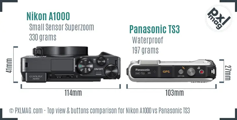Nikon A1000 vs Panasonic TS3 top view buttons comparison