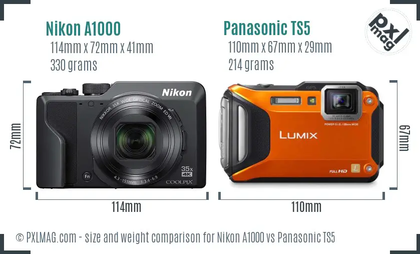 Nikon A1000 vs Panasonic TS5 size comparison