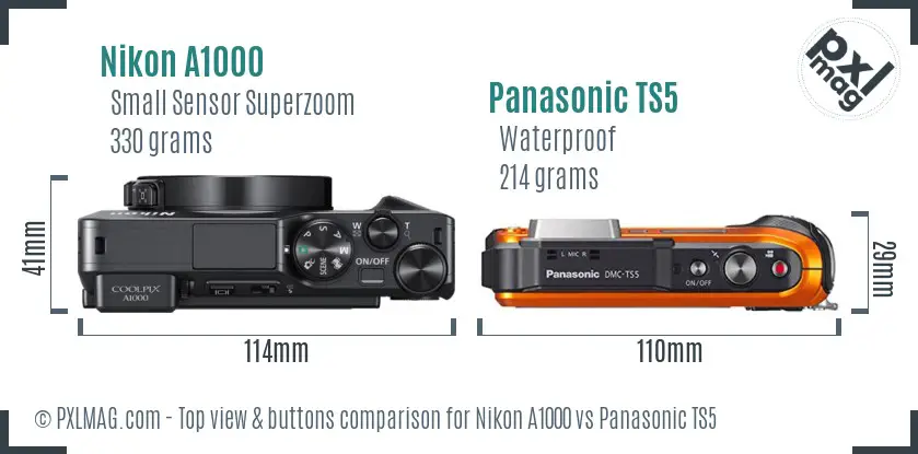 Nikon A1000 vs Panasonic TS5 top view buttons comparison