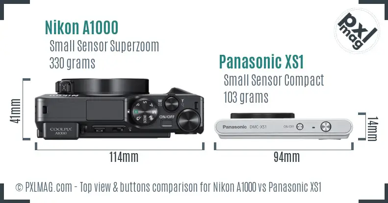 Nikon A1000 vs Panasonic XS1 top view buttons comparison Nikon A1000 vs Panasonic XS1 top view buttons comparison