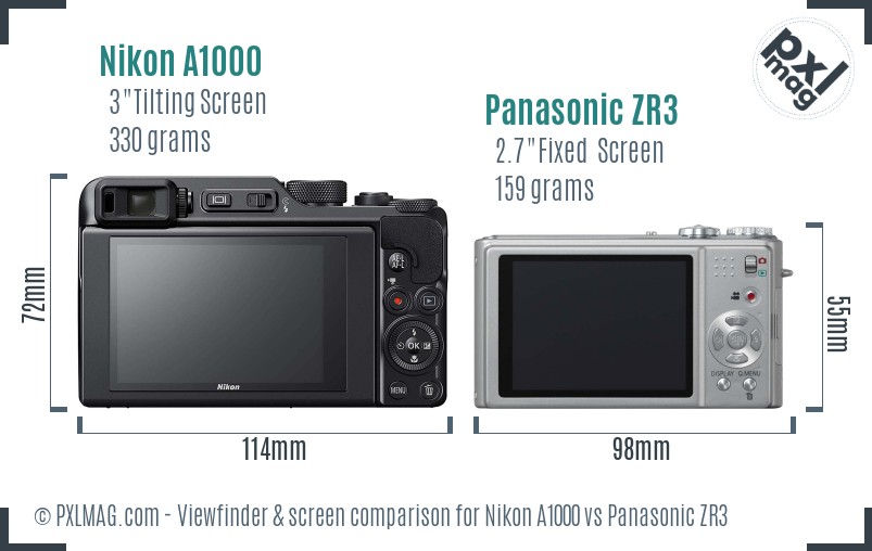 Nikon A1000 vs Panasonic ZR3 Screen and Viewfinder comparison