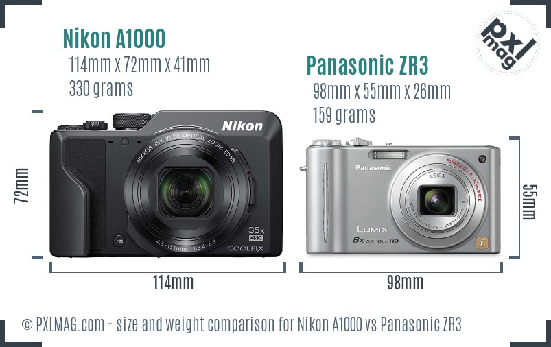Nikon A1000 vs Panasonic ZR3 size comparison
