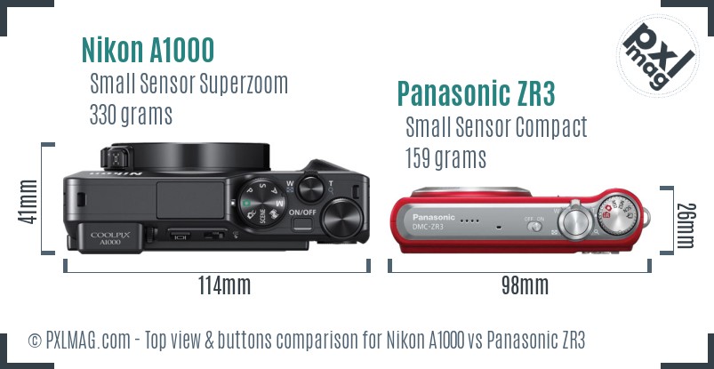 Nikon A1000 vs Panasonic ZR3 top view buttons comparison