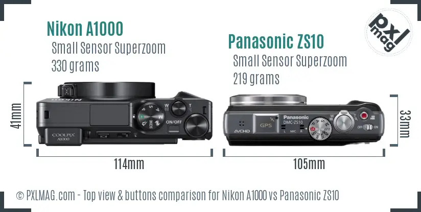 Nikon A1000 vs Panasonic ZS10 top view buttons comparison
