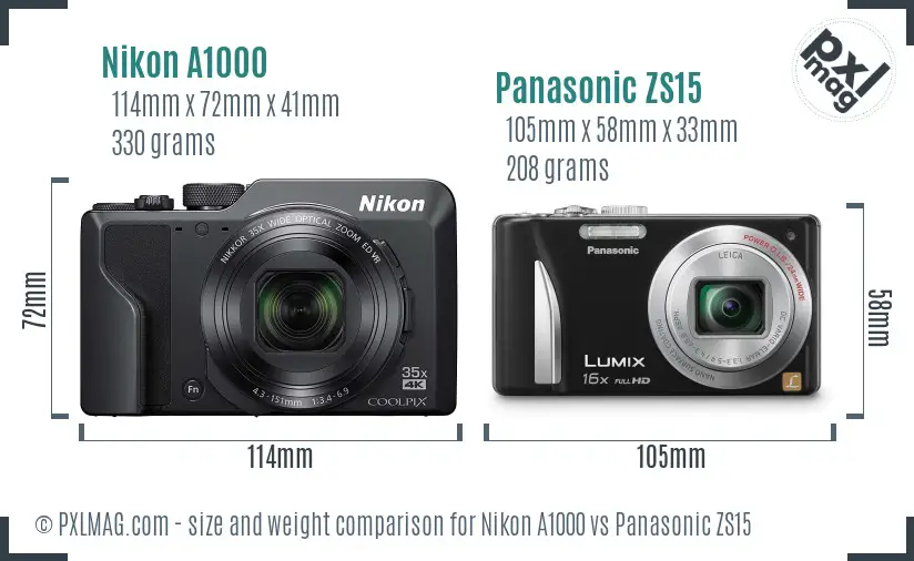 Nikon A1000 vs Panasonic ZS15 size comparison