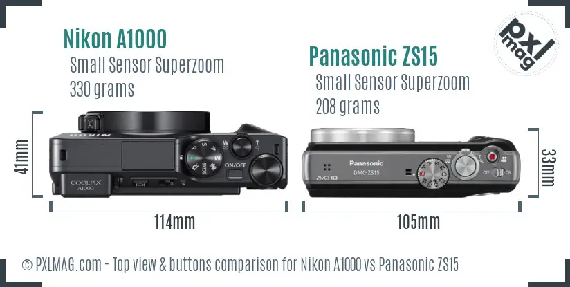 Nikon A1000 vs Panasonic ZS15 top view buttons comparison
