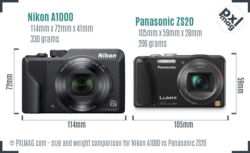 Nikon A1000 vs Panasonic ZS20 size comparison