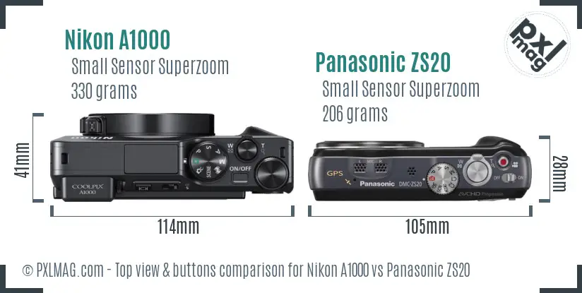 Nikon A1000 vs Panasonic ZS20 top view buttons comparison