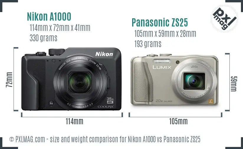 Nikon A1000 vs Panasonic ZS25 size comparison