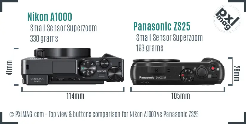 Nikon A1000 vs Panasonic ZS25 top view buttons comparison