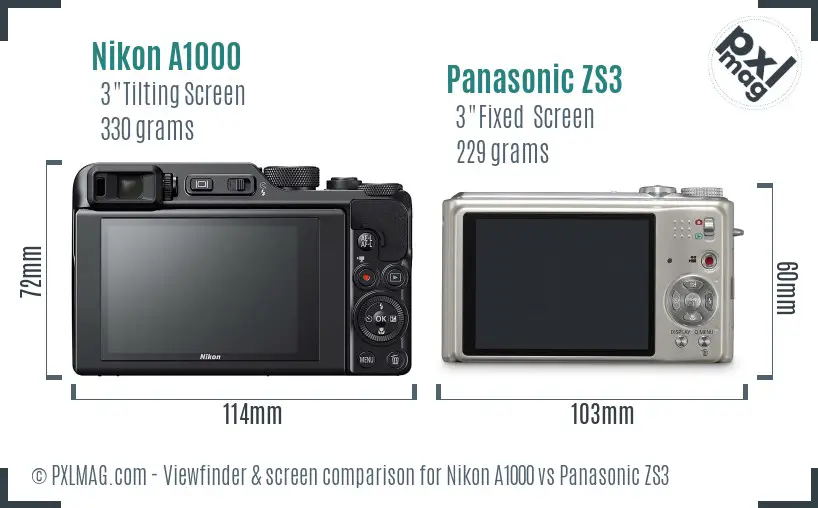 Nikon A1000 vs Panasonic ZS3 Screen and Viewfinder comparison