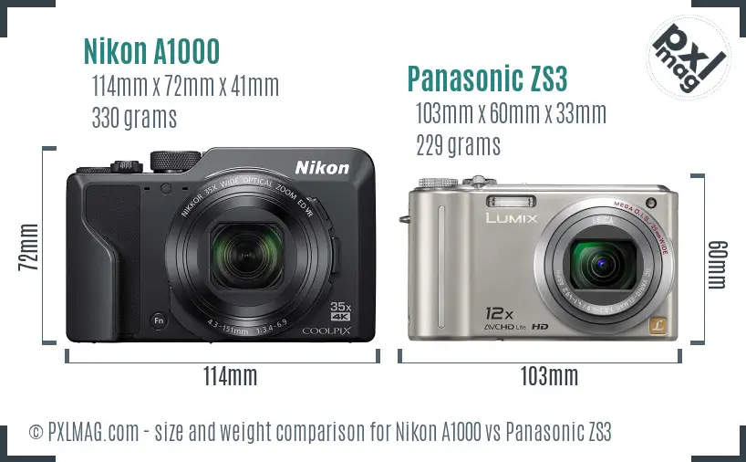 Nikon A1000 vs Panasonic ZS3 size comparison