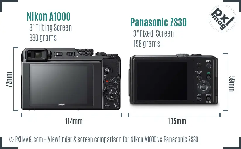 Nikon A1000 vs Panasonic ZS30 Screen and Viewfinder comparison