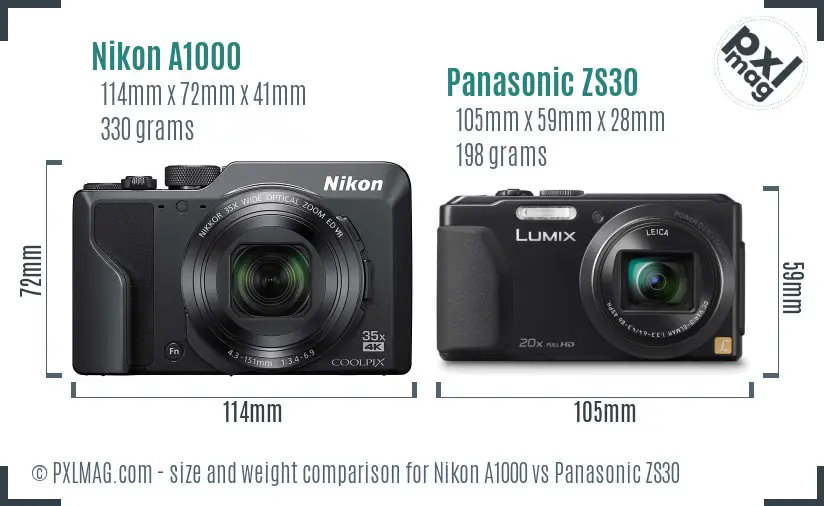 Nikon A1000 vs Panasonic ZS30 size comparison