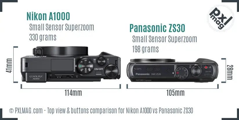 Nikon A1000 vs Panasonic ZS30 top view buttons comparison