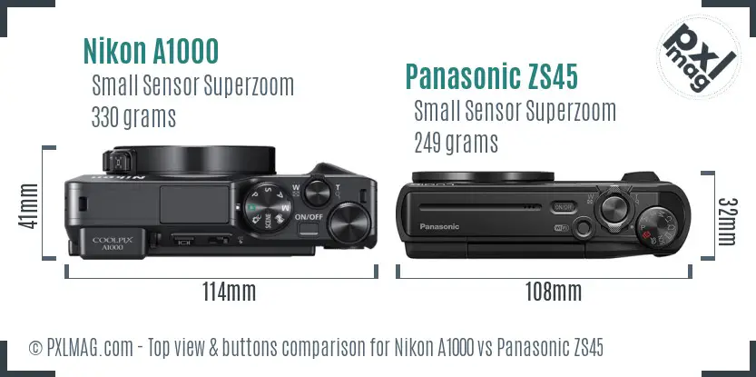 Nikon A1000 vs Panasonic ZS45 top view buttons comparison