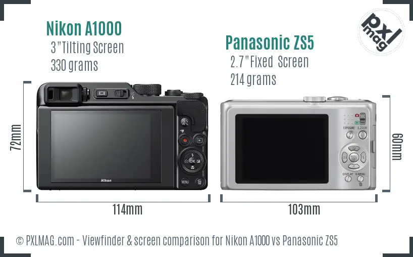 Nikon A1000 vs Panasonic ZS5 Screen and Viewfinder comparison