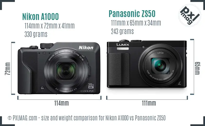 Nikon A1000 vs Panasonic ZS50 size comparison