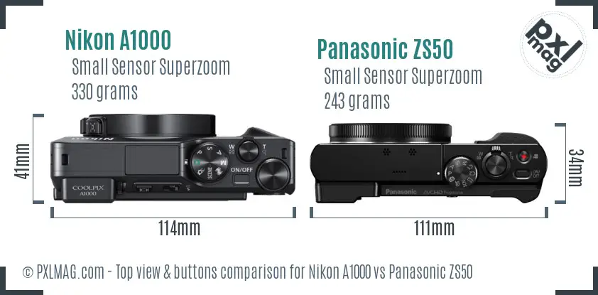 Nikon A1000 vs Panasonic ZS50 top view buttons comparison