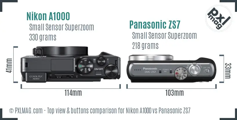 Nikon A1000 vs Panasonic ZS7 top view buttons comparison