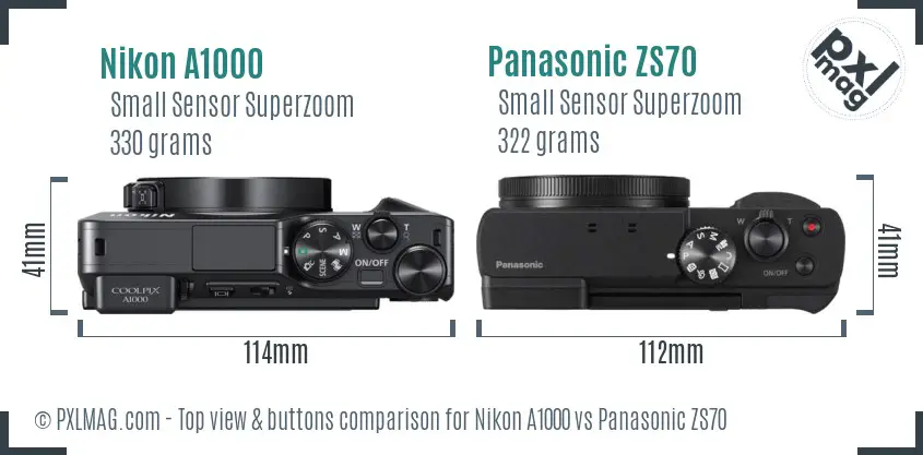 Nikon A1000 vs Panasonic ZS70 top view buttons comparison