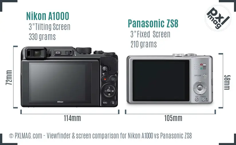 Nikon A1000 vs Panasonic ZS8 Screen and Viewfinder comparison