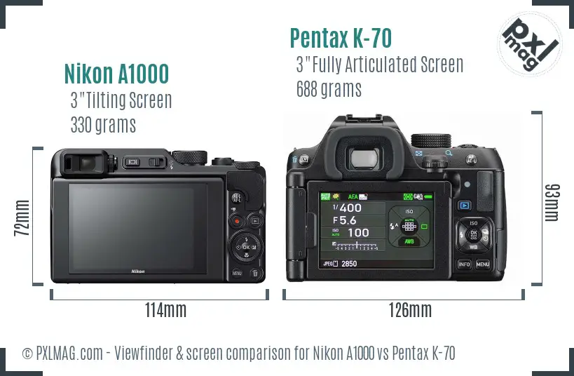 Nikon A1000 vs Pentax K-70 Screen and Viewfinder comparison