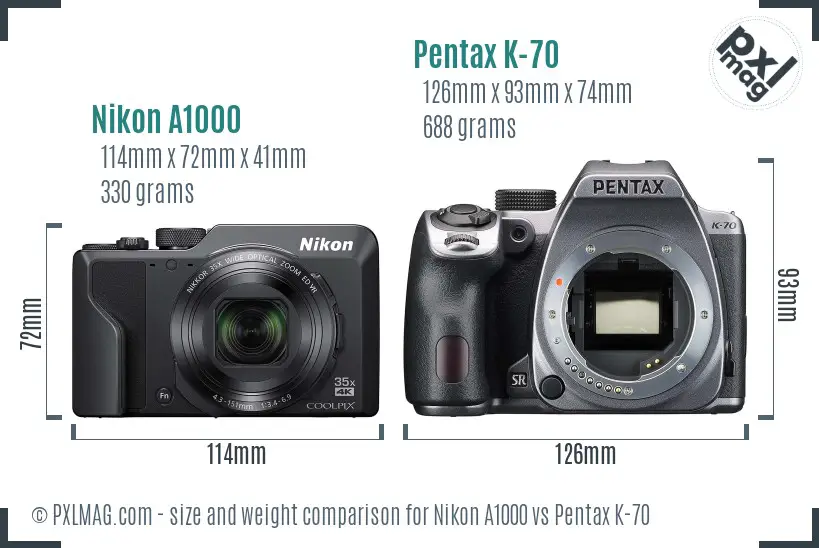 Nikon A1000 vs Pentax K-70 size comparison
